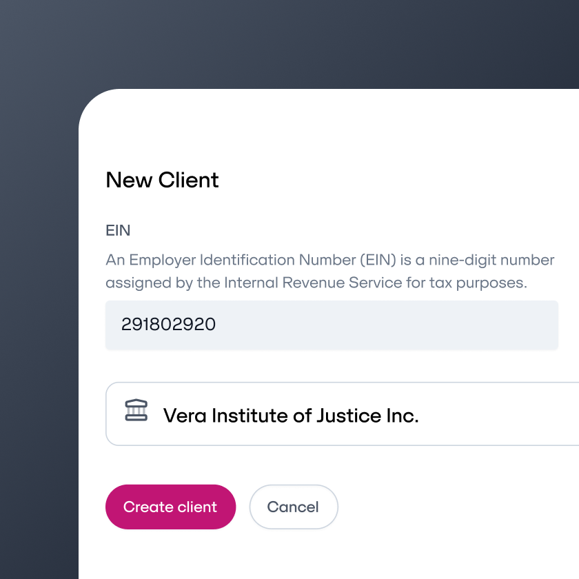 A new client screen with an EIN field with an account lookup